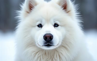 4k, samoed, hiver, bokeh, forêt, chiens, museau, animaux mignons, animaux de compagnie, chien en forêt, chien samoed