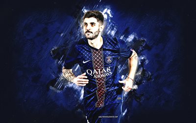 lucas beraldo, parís saint germain, futbolista brasileño, psg, fondo de piedra azul, arte grunge, liga 1, francia, fútbol americano, lucas beraldopsg, lucas beraldo paris saint germain