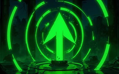 green up arrow, 4k, abstract art, darkness, growth concepts, up arrows, green neon rings, background with arrow, artwork, arrows, up arrow