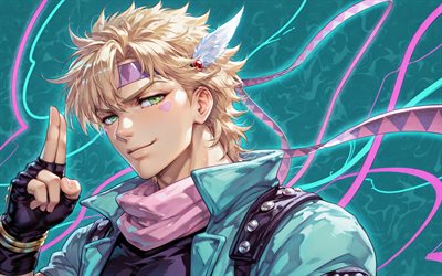 Caesar Anthonio Zeppeli, 4k, purple ribbons, turquoise abstract background, JoJos Bizarre, manga, Shiza Antonio Tseperi, JoJos Bizarre characters, Caesar Anthonio Zeppeli JoJos Bizarre