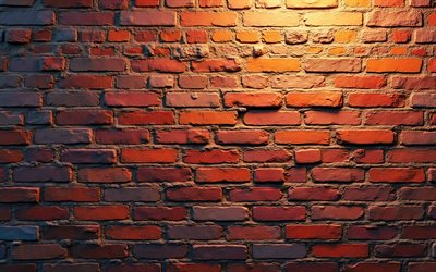 4k, mattoni marroni, luce della lanterna, muro di mattoni marrone, muratura, mattoni, sfondo di muro di mattoni, texture di pietra, muro di mattoni, sfondo di mattoni marroni