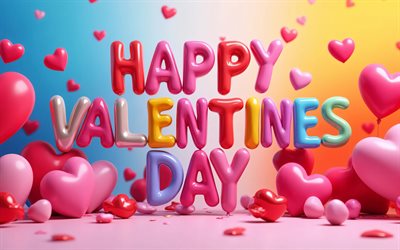 4k, 해피 발렌타인데이, 삽화, 다채로운 3d 문자, 화려한 배경, 발렌타인 데이 인사말, 3d 하트 프레임, 2월 14일, 사랑 개념, 화려한 3d 하트, 해피 발렌타인 데이 비문