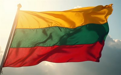 bandera lituana, 4k, cielo nocturno, bandera de lituania, bandera lituana en un asta de bandera, lituania, unión europea, europa