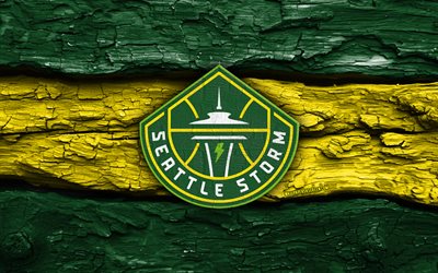 logo en bois du tempête de seattle, 4k, fond en bois jaune vert, wnba, basket ball, logo de la tempête de seattle, emblème de la tempête de seattle, équipe américaine de basket ball, tempête de seattle