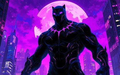 4k, pantera negra, luna morada, superhéroes, cómics marvel, creativo, paisaje nocturno, pantera negra 3d, obra de arte, arte de la pantera negra, anillos de neón morados, fan art, pantera negra 4k