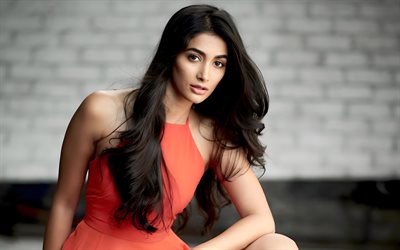 4k, pooja hegde, vestido rojo, celebridad india, bollywood, actriz popular, estrellas de cine, foto con pooja hegde, mujer morena, actriz india, sesión de fotos de pooja hegde