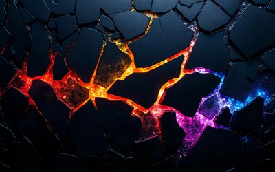 4k, luces de neón de colores, estrellas, fragmentos 3d negros, patrón geométrico fragmentado, creativo, fondo oscuro 3d, obra de arte, fondo abstracto oscuro, formas, fondos 3d, rayos de neón de colores, patrones de piedra, patrones 3d