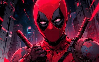 piscina morta, 4k, paisagem noturna vermelha, super heróis, quadrinhos da marvel, arte abstrata, arte de deadpool, arte dos fãs, deadpool 4k