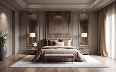 diseño de interiores de dormitorio de lujo, interior elegante, colores pastel en el dormitorio, idea de diseño de interiores de dormitorio, dormitorio, cortinas beige en el dormitorio