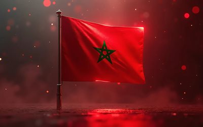 4k, bandera de marruecos en el asta de la bandera, bokeh, arte digital, bandera de marruecos, resplandor rojo, fondo rojo, obra de arte, bandera marroquí, ondas de tela bandera de marruecos, bandera de marruecos 3d, marruecos