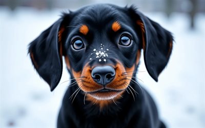 cachorro de perro salchicha, 4k, animales lindos, invierno, bokeh, cachorros, bosque, perros, bozal, perro tejonero, mascotas, perro en el bosque, perro salchicha