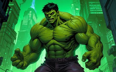 Angry Hulk, 4k, 3D art, superheroes, Marvel Comics, Hulk, green nighscape, Incredible Hulk, artwork, Hulk art, fan art, Hulk 4K