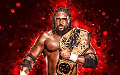 oba femi, 4k, punaiset neonvalot, wwe, luova, amerikkalainen painija, isaac odugbesan, oba femi vyöllä, punainen abstrakti tausta, world wrestling entertainment, painijat, oba femi 4k