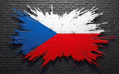 4k, bandera de la república checa, arte 3d, europa, pared de ladrillo negro, pintar arte, bandera checa, salpicaduras de pintura, creativo, símbolos nacionales checos, bandera 3d de la república checa, república checa