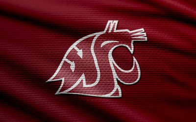 워싱턴 주 쿠거스 패브릭 로고, 4k, 적갈색 직물 배경, ncaaf, 보케, 미식 축구, 워싱턴주 쿠거스 로고, ncaa, 워싱턴주 쿠거스 엠블럼, 컨퍼런스 미국, 워싱턴주 쿠거스