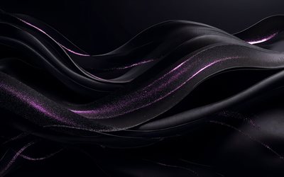 fondo negro de ondas 3d, fondo negro con ondas de brillo púrpura, fondo de ondas moradas negras, fondo de ondas de color púrpura oscuro, ondas de brillo púrpura