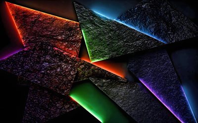 4k, luces de neón de colores, iluminación de piedra, fragmentos de piedra, patrón geométrico fragmentado, creativo, fondo oscuro 3d, obra de arte, fondo abstracto oscuro, formas, fondos 3d, rayos de neón de colores, patrones de piedra