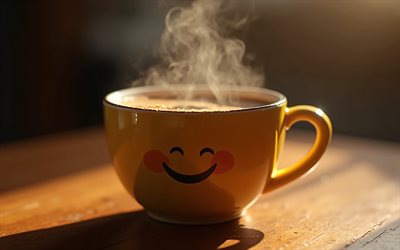 taza con una carita sonriente positiva, café de la mañana, taza de cafe, conceptos positivos, café, taza con una sonrisa, carga de positividad