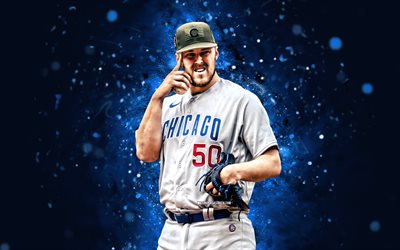 jameson taillon, 4k, mavi neon işıklar, chicago cubs, mlb, amerikan beyzbol oyuncuları, jameson taillon 4k, beyzbol, major league beyzbol, jamo, jameson taillon chicago cubs