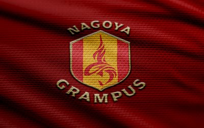 logo en tissu nagoya grampus, 4k, contexte de tissu rouge, ligue j1, bokeh, football, logo nagoya grampus, emblème nagoya grampus, nagoya grampus, club de football japonais, nagoya grampus fc