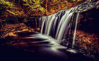 waterfall, autumn, yellow leaves, evening, autumn landscape, leaves in water