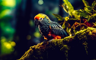 papagaio, noite, selva, 3d art, parrot 3d, pássaros, pôr do sol