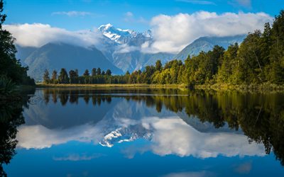 New Zealand, mountains, lake, forest, blue sky, cloud