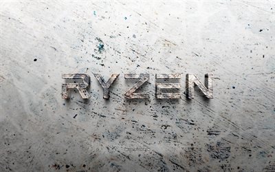 logo en pierre amd ryzen, 4k, fond de pierre, logo amd ryzen 3d, marques, créatif, logo amd ryzen, grunge art, amd ryzen