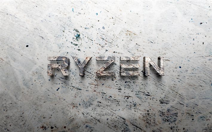 AMD Ryzen stone logo, 4K, stone background, AMD Ryzen 3D logo, brands, creative, AMD Ryzen logo, grunge art, AMD Ryzen
