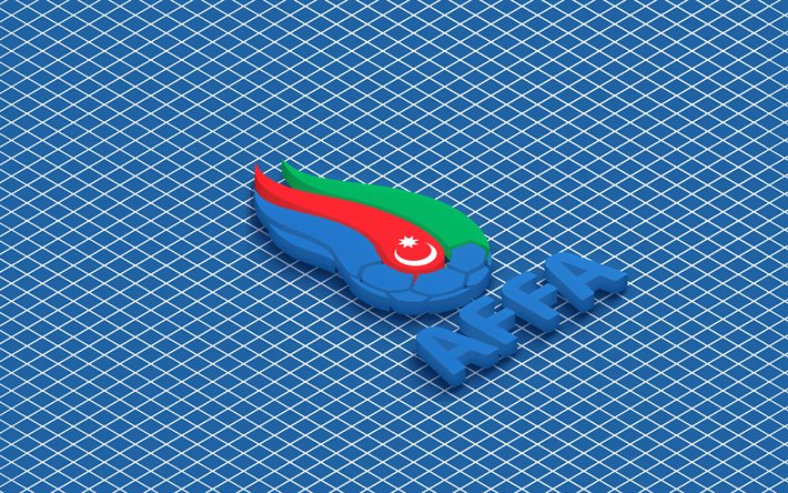 4k, isometrisches logo der aserbaidschanischen fußballnationalmannschaft, 3d kunst, isometrische kunst, aserbaidschanische fußballnationalmannschaft, blauer hintergrund, aserbaidschan, fußball, isometrisches emblem