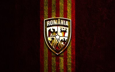 Romania national football team golden logo, 4k, red stone background, UEFA, national teams, Romania national football team logo, soccer, Romanian football team, football, Romania national football team