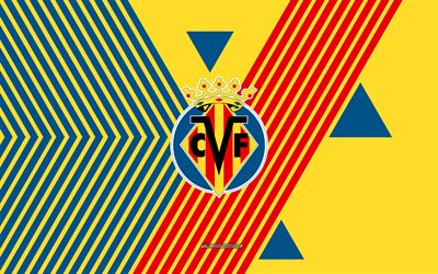 villarreal cf logo, 4k, espanjan jalkapallojoukkue, siniset keltaiset viivat taustalla, villarreal cf, la liga, espanja, viivapiirros, villarreal cf  tunnus, jalkapallo, villarreal fc