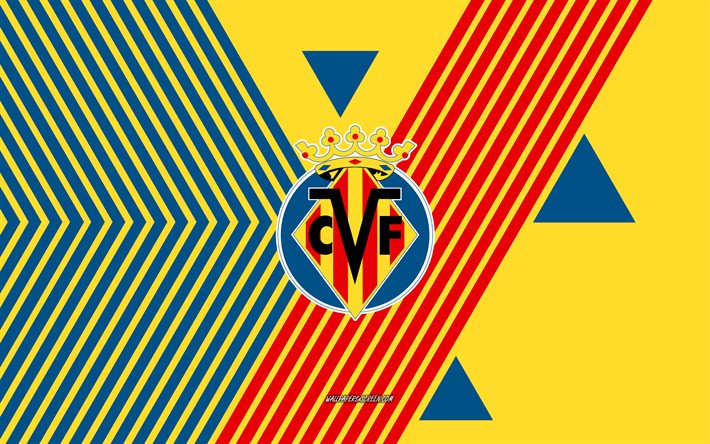 विलारियल सीएफ लोगो, 4k, स्पेनिश फुटबॉल टीम, नीली पीली रेखाओं की पृष्ठभूमि, विलारियल सीएफ, लालीगा, स्पेन, लाइन आर्ट, विलारियल सीएफ प्रतीक, फ़ुटबॉल, विलारियल एफसी
