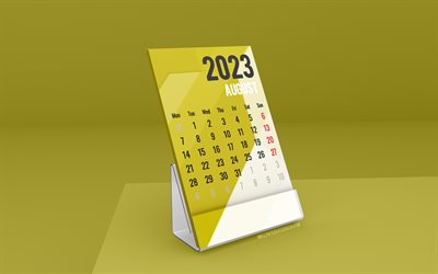 calendario agosto 2023, 4k, soporte calendarios de escritorio, agosto, calendarios 2023, calendario de escritorio amarillo, mesa amarilla, calendarios de verano, calendarios de escritorio 2023, calendario comercial de agosto de 2023
