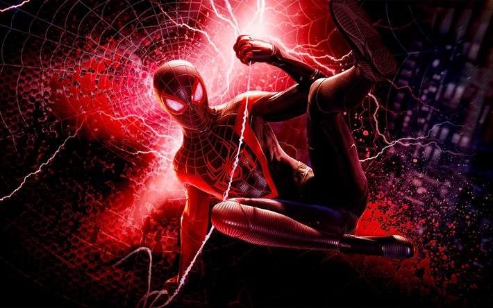 Flying Spider-Man, 4k, darkness, Marvel comics, battle, Spider-Man, superheroes, Cartoon Spider-Man, blue backgrounds, SpiderMan, Spider-Man 4k