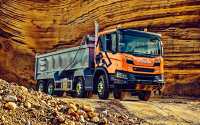 2022, Scania P410 XT, 8x8, front view, exterior, mining truck, orange Scania P XT, P410, B8X4HZ, stone quarry, concept stone delivery, stone mining, Scania