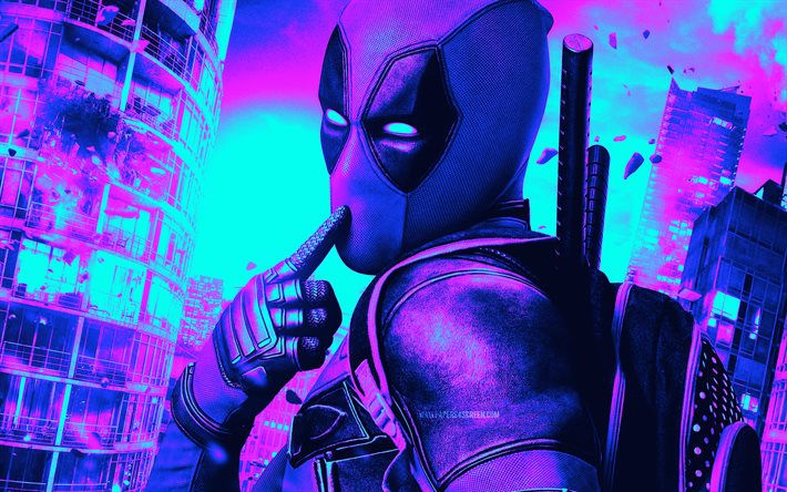 4k, Deadpool, Cyberpunk, abstract art, Marvel Comics, Wade Winston Wilson, picture with Deadpool, violet abstract background, antiheroes, Deadpool with sword, Deadpool 3D, Deadpool 4K
