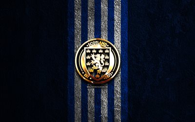 skotlannin jalkapallomaajoukkueen kultainen logo, 4k, sininen kivi tausta, uefa, maajoukkueet, skotlannin jalkapallomaajoukkueen logo, jalkapallo, skotlannin jalkapallomaajoukkue