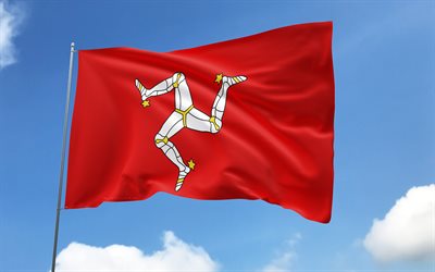 Isle of Man flag on flagpole, 4K, European countries, blue sky, flag of Isle of Man, wavy satin flags, Isle of Man flag, Isle of Man national symbols, flagpole with flags, Day of Isle of Man, Europe, Isle of Man