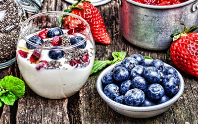 breakfast, 4k, yogurt with berries, dairy products, yogurt with blueberries and pomegranate, breakfast concepts, healthy breakfast, blueberries