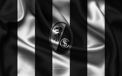 4k, logo dell'sc friburgo, tessuto di seta bianco nero, squadra di calcio tedesca, emblema dell'sc friburgo, bundesliga, sc friburgo, germania, calcio, bandiera sc friburgo, friburgo fc