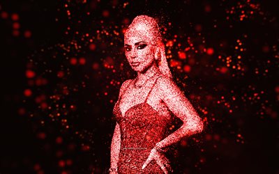 lady gaga, 4k, arte com glitter vermelho, silhueta de lady gaga, cantora americana, stefani joanne angelina germanotta, estrela americana, arte com glitter