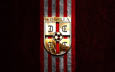 Serbia national football team golden logo, 4k, red stone background, UEFA, national teams, Serbia national football team logo, soccer, Serbian football team, football, Serbia national football team