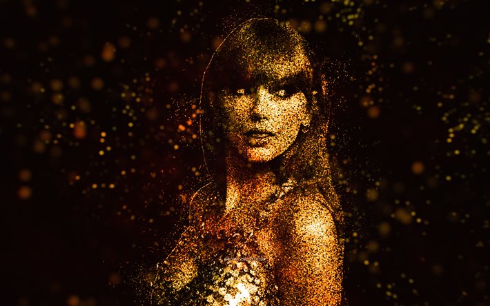 4k, Taylor Swift, yellow glitter art, portrait, american singer, Taylor Swift silhouette, creative art, american star, glitter art