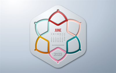 4k, calendario junio ​​2023, arte infográfico, junio, calendario infografia creativa, 2023 conceptos, elementos infograficos