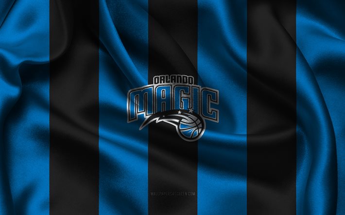 4k, logo orlando magic, tecido de seda preto azul, time de basquete americano, emblema orlando magic, nba, orlando magic, eua, basquetebol, bandeira do orlando magic