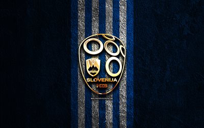 logo dorato della nazionale di calcio slovena, 4k, sfondo di pietra blu, uefa, squadre nazionali, logo della nazionale di calcio slovena, calcio, squadra di calcio slovena, nazionale di calcio slovena