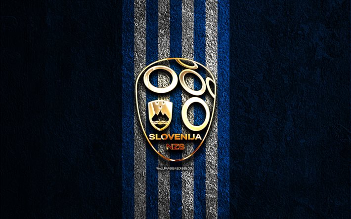 slovenian jalkapallomaajoukkueen kultainen logo, 4k, sininen kivi tausta, uefa, maajoukkueet, slovenian jalkapallomaajoukkueen logo, jalkapallo, slovenian jalkapallomaajoukkue