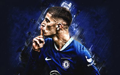 Kai Havertz, Chelsea FC, portrait, blue stone background, Premier League, England, football, grunge art