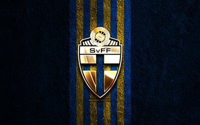 sveriges fotbollslandslags gyllene logotyp, 4k, blå sten bakgrund, uefa, landslag, sveriges fotbollslandslags logotyp, fotboll, svenska fotbollslaget, sveriges fotbollslandslag
